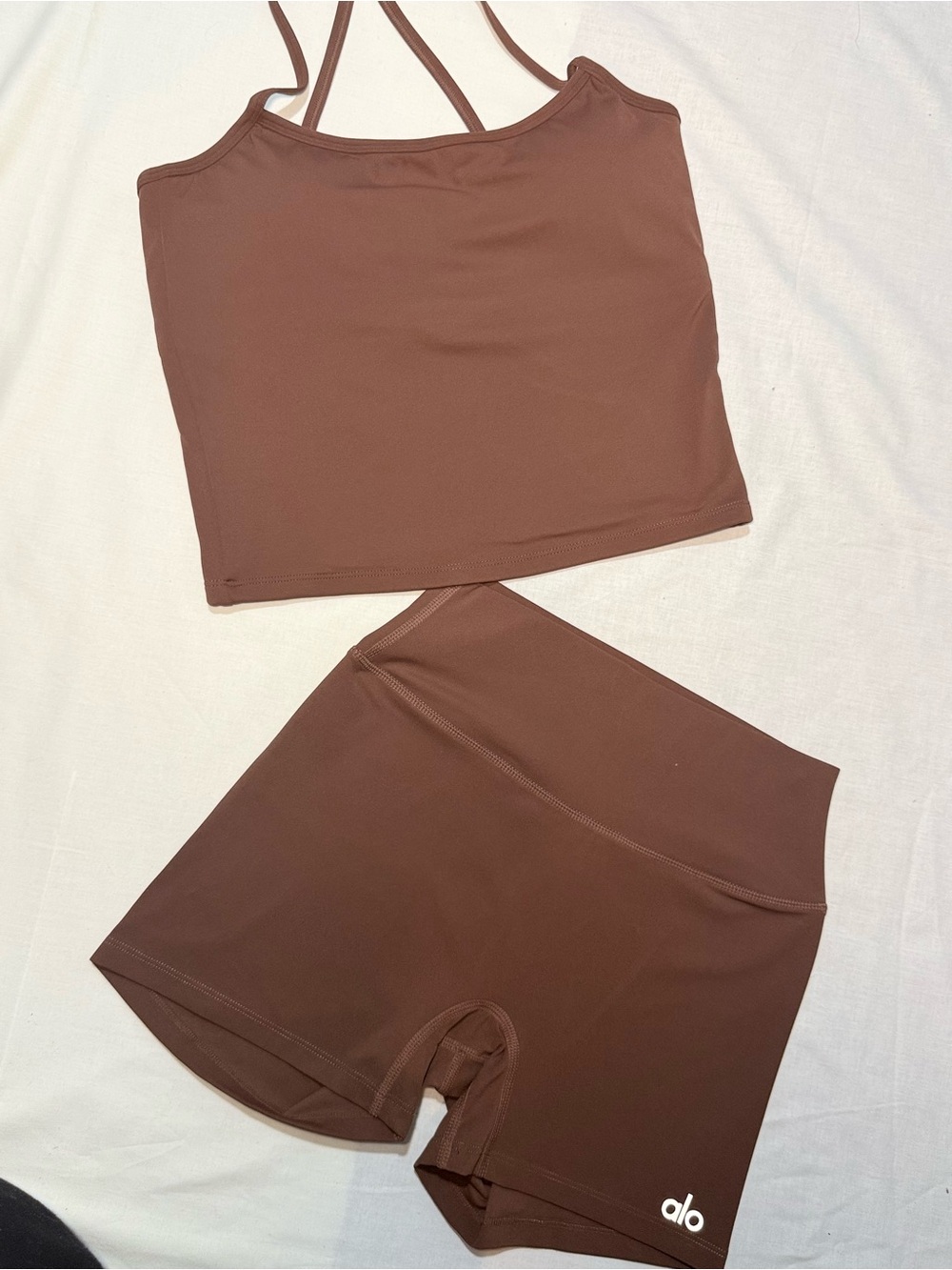 ALO Yoga Mauve Brown Active Crop Top & Biker Shorts Set - Picture 1 of 4